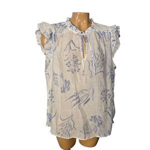 White Blue Floral Ruffle Neck‎ Tie Neck Ruffle Sleeve Blouse Women Top